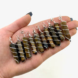 Tiger Eye Spiral Pendant, Coil Wrapped Tiger Eye Pendant, Silver Wrapped Tiger Eye Pendant, J-44
