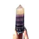 Clear and Purple Fluorite Point, Banded Fluorite Tower, Polished Fluorite Point