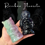 Fluorite Owl and Skull Carving - Rainbow Fluorite Owl - Large Fluorite Carving