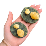 Orange Calcite Ducks on Serpentine Lilly Pad - Natural Gemstone Carving - Calcite Ducky