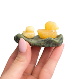 Orange Calcite Ducks on Serpentine Lilly Pad - Natural Gemstone Carving - Calcite Ducky
