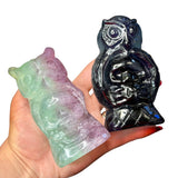 Fluorite Owl and Skull Carving - Rainbow Fluorite Owl - Large Fluorite Carving