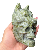 Green Jade Wolf Carving - Skull and Wolf Carving - Light Jade Skull Carving