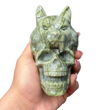 Green Jade Wolf Carving - Skull and Wolf Carving - Light Jade Skull Carving