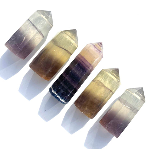 Clear and Purple Fluorite Point, Banded Fluorite Tower, Polished Fluorite Point