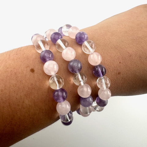 Rose Quartz, Amethyst, and Clear Quartz Bracelet, 8mm Natural Gemstone Bracelet, 8mm Rose and Amethyst Bracelet