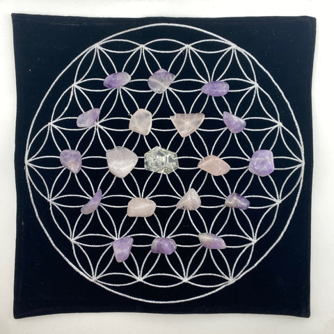 Black Velvet Crystal Grid, Flower of Life Crystal Grid, Cloth Crystal Grid