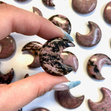Rhodonite Moon Carving, Rhodonite Gemstone Moon, Rhodonite Moon, Flat Rhodonite Moon Carving, B-31