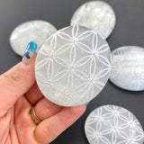 Engraved Selenite Palm Stone, Flower of Life Selenite, Flower of Life Selenite Palm Stone