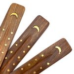Gold Moon Incense Stick Holder, Wooden Ash Catcher, Moon and Star Inlay, Wooden Incense Holder