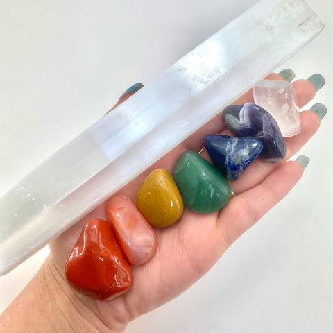 Tumbled Chakra Set with Selenite Bar, Tumbled Chakra Kit, Selenite Bar with Tumbled Stones, Selenite with Tumbled Chakra Kit