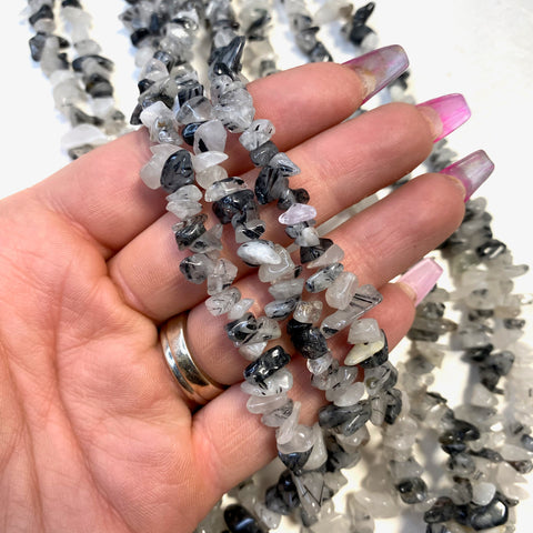 32” Tourmaline Quartz Bead, Black Tourmaline in Quartz Chip Bead Strand, Tourmaline Quartz Bead Necklace, Beaded Tourmaline Quartz