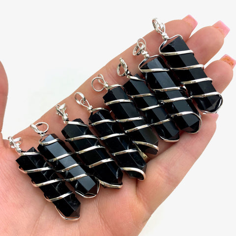 Obsidian Spiral Pendant, Coil Wrapped Obsidian Pendant, Silver Wrapped Obsidian Pendant, Simple Obsidian Pendant, J-47